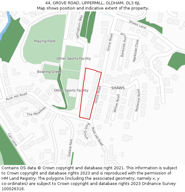 44, GROVE ROAD, UPPERMILL, OLDHAM, OL3 6JL: Location map and indicative extent of plot