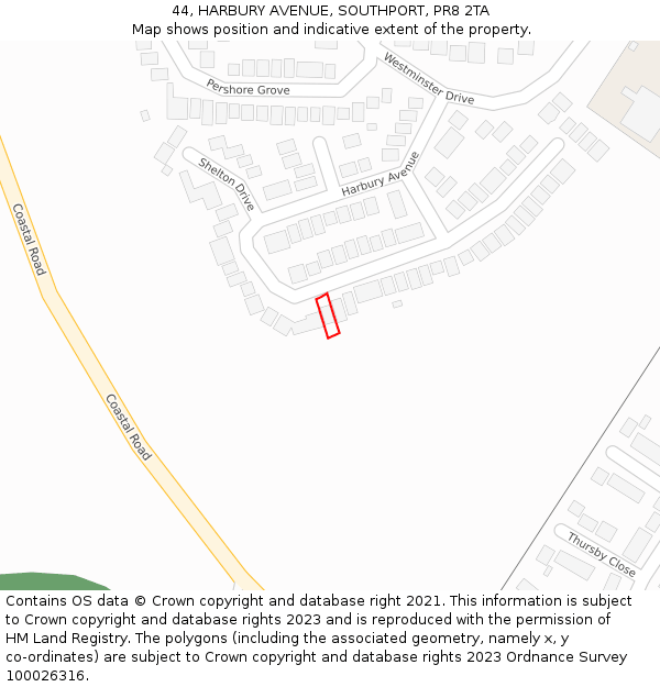 44, HARBURY AVENUE, SOUTHPORT, PR8 2TA: Location map and indicative extent of plot