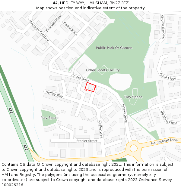 44, HEDLEY WAY, HAILSHAM, BN27 3FZ: Location map and indicative extent of plot