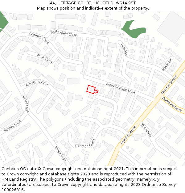 44, HERITAGE COURT, LICHFIELD, WS14 9ST: Location map and indicative extent of plot