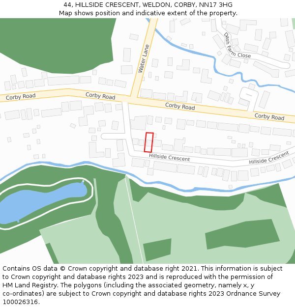 44, HILLSIDE CRESCENT, WELDON, CORBY, NN17 3HG: Location map and indicative extent of plot