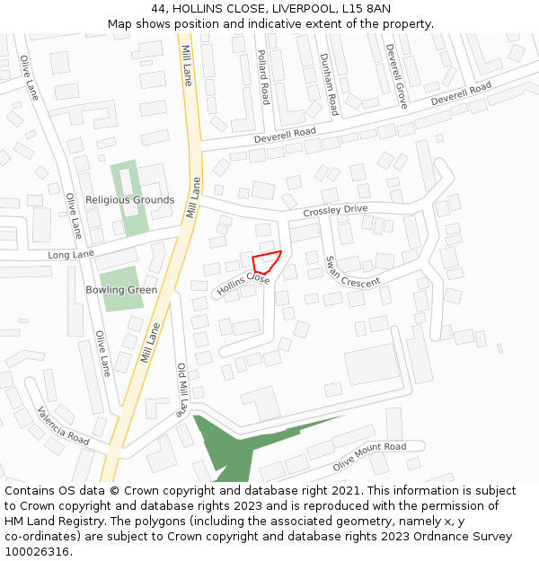 44, HOLLINS CLOSE, LIVERPOOL, L15 8AN: Location map and indicative extent of plot