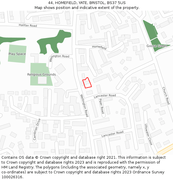 44, HOMEFIELD, YATE, BRISTOL, BS37 5US: Location map and indicative extent of plot