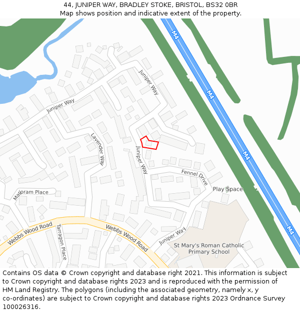 44, JUNIPER WAY, BRADLEY STOKE, BRISTOL, BS32 0BR: Location map and indicative extent of plot