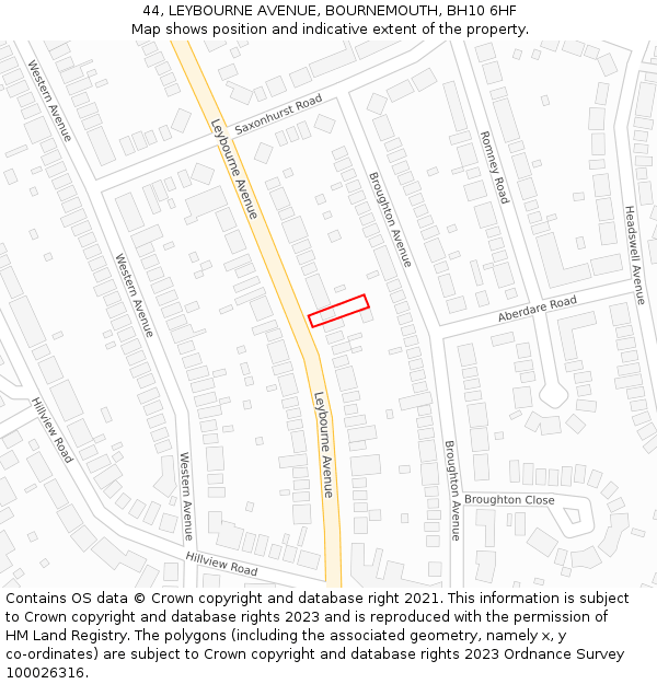 44, LEYBOURNE AVENUE, BOURNEMOUTH, BH10 6HF: Location map and indicative extent of plot