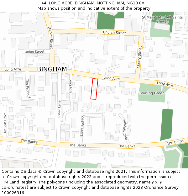 44, LONG ACRE, BINGHAM, NOTTINGHAM, NG13 8AH: Location map and indicative extent of plot