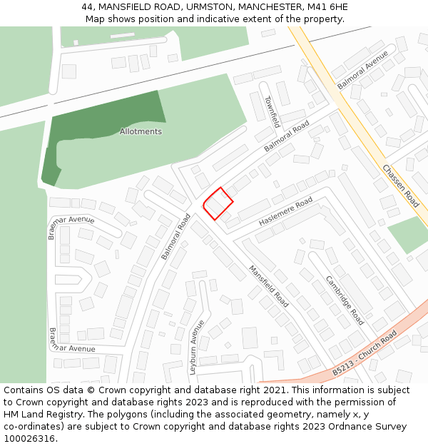 44, MANSFIELD ROAD, URMSTON, MANCHESTER, M41 6HE: Location map and indicative extent of plot