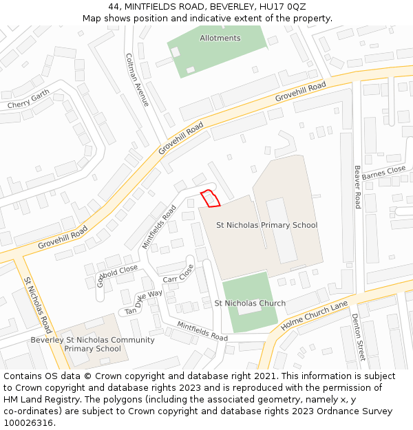 44, MINTFIELDS ROAD, BEVERLEY, HU17 0QZ: Location map and indicative extent of plot