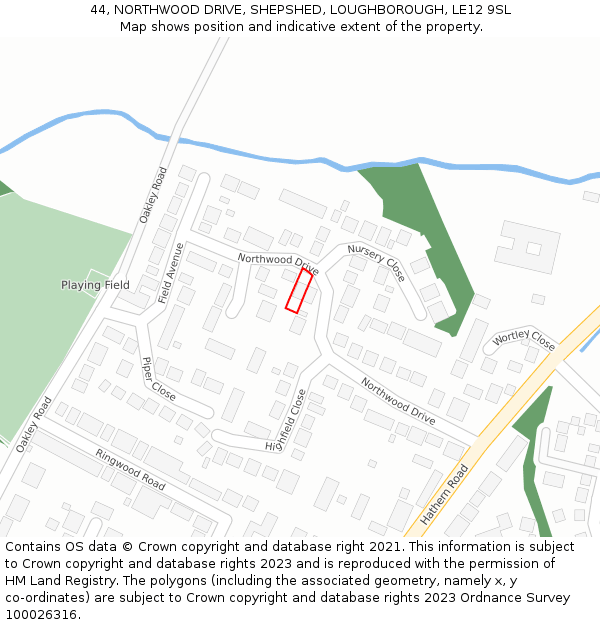 44, NORTHWOOD DRIVE, SHEPSHED, LOUGHBOROUGH, LE12 9SL: Location map and indicative extent of plot