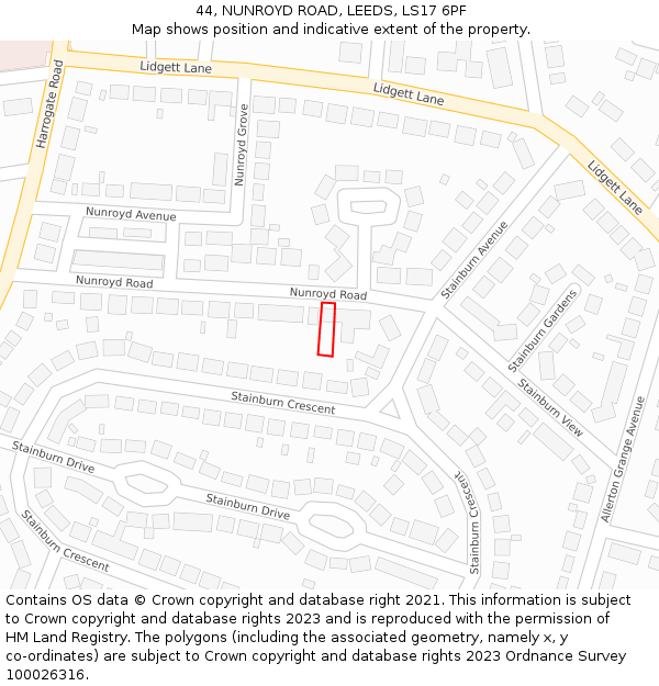 44, NUNROYD ROAD, LEEDS, LS17 6PF: Location map and indicative extent of plot