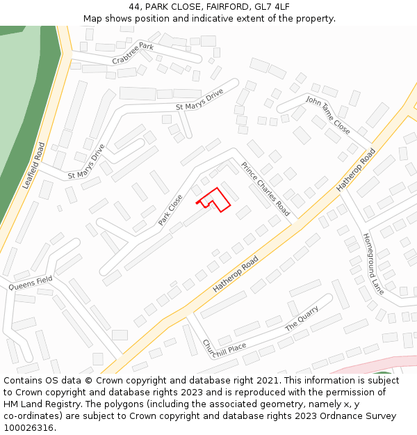 44, PARK CLOSE, FAIRFORD, GL7 4LF: Location map and indicative extent of plot