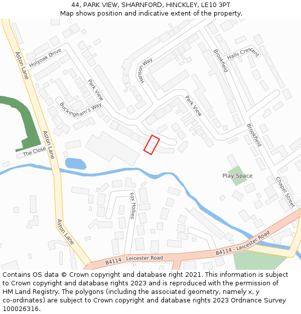 44, PARK VIEW, SHARNFORD, HINCKLEY, LE10 3PT: Location map and indicative extent of plot