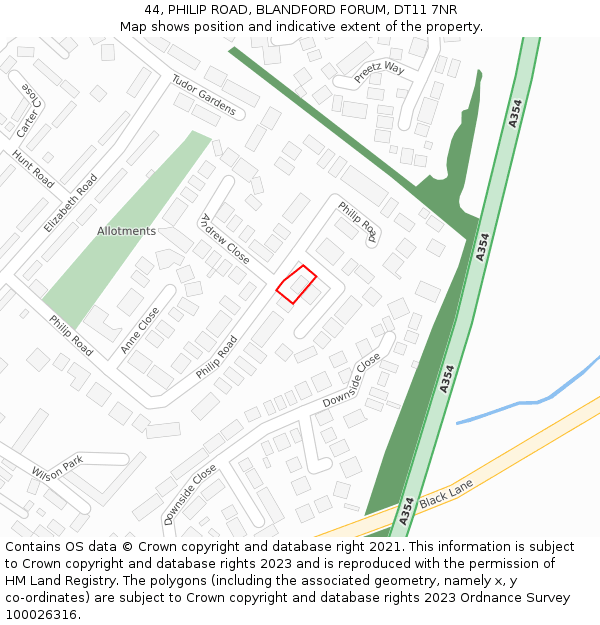 44, PHILIP ROAD, BLANDFORD FORUM, DT11 7NR: Location map and indicative extent of plot