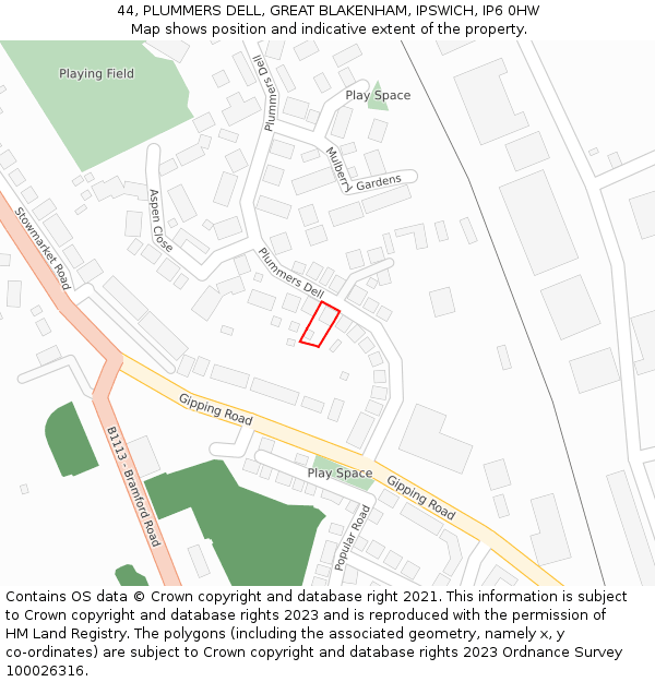 44, PLUMMERS DELL, GREAT BLAKENHAM, IPSWICH, IP6 0HW: Location map and indicative extent of plot