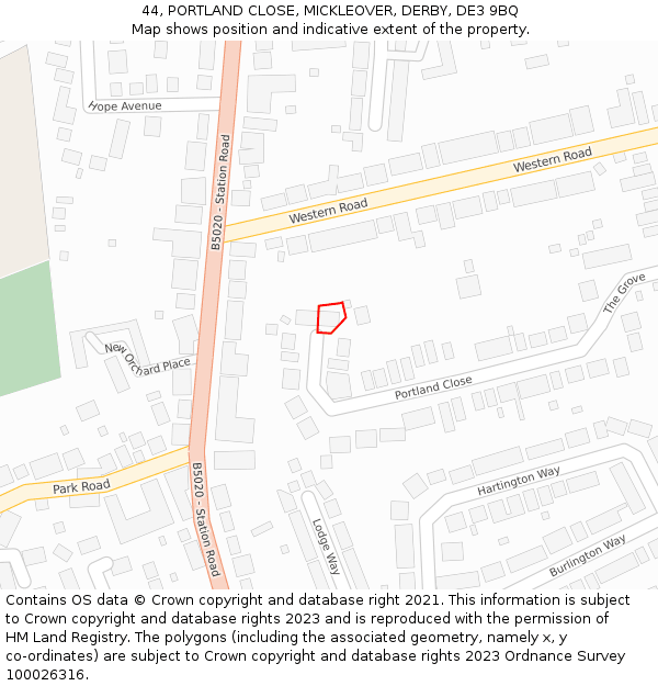 44, PORTLAND CLOSE, MICKLEOVER, DERBY, DE3 9BQ: Location map and indicative extent of plot