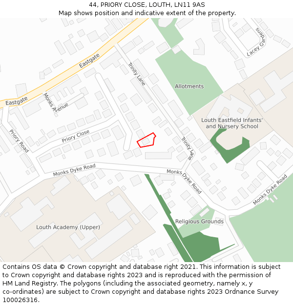 44, PRIORY CLOSE, LOUTH, LN11 9AS: Location map and indicative extent of plot