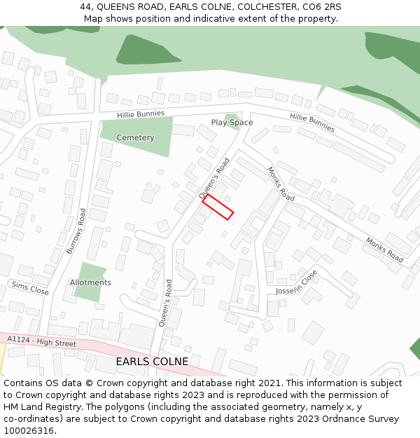 44, QUEENS ROAD, EARLS COLNE, COLCHESTER, CO6 2RS: Location map and indicative extent of plot