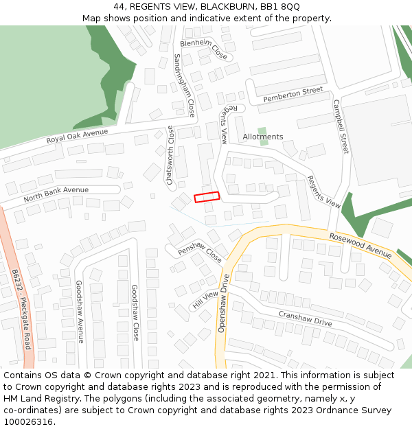 44, REGENTS VIEW, BLACKBURN, BB1 8QQ: Location map and indicative extent of plot