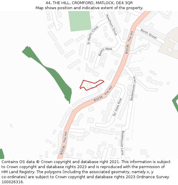 44, THE HILL, CROMFORD, MATLOCK, DE4 3QR: Location map and indicative extent of plot