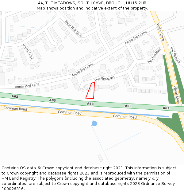 44, THE MEADOWS, SOUTH CAVE, BROUGH, HU15 2HR: Location map and indicative extent of plot