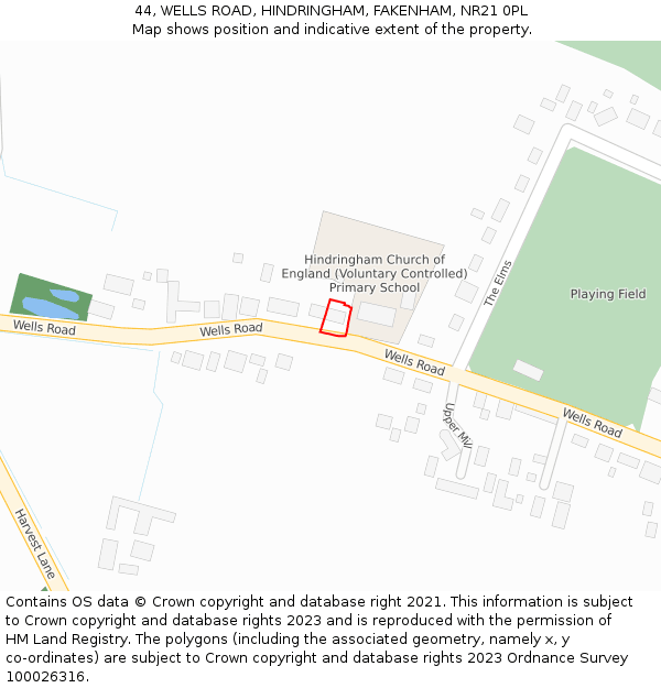 44, WELLS ROAD, HINDRINGHAM, FAKENHAM, NR21 0PL: Location map and indicative extent of plot