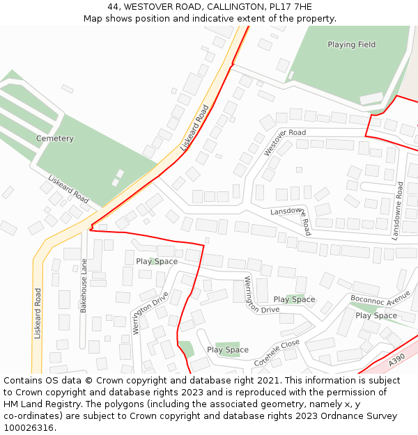 44, WESTOVER ROAD, CALLINGTON, PL17 7HE: Location map and indicative extent of plot