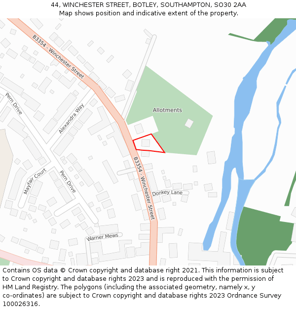 44, WINCHESTER STREET, BOTLEY, SOUTHAMPTON, SO30 2AA: Location map and indicative extent of plot