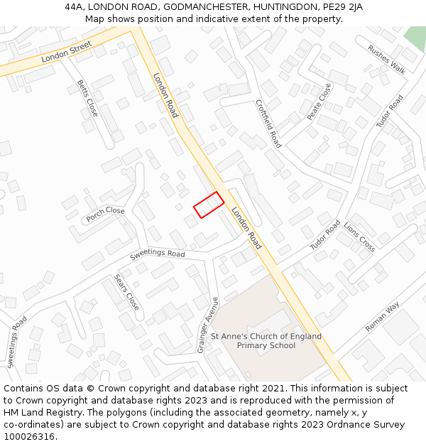 44A, LONDON ROAD, GODMANCHESTER, HUNTINGDON, PE29 2JA: Location map and indicative extent of plot