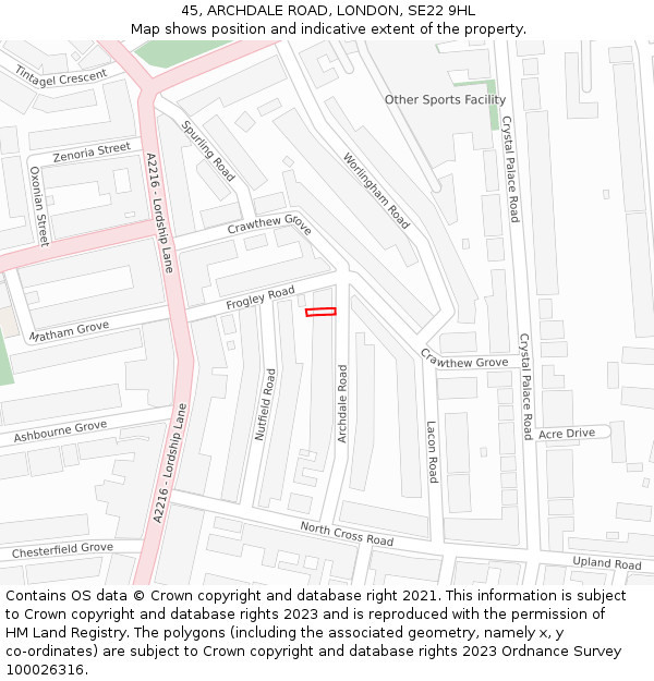 45, ARCHDALE ROAD, LONDON, SE22 9HL: Location map and indicative extent of plot