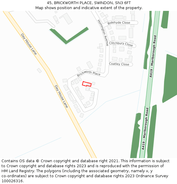 45, BRICKWORTH PLACE, SWINDON, SN3 6FT: Location map and indicative extent of plot