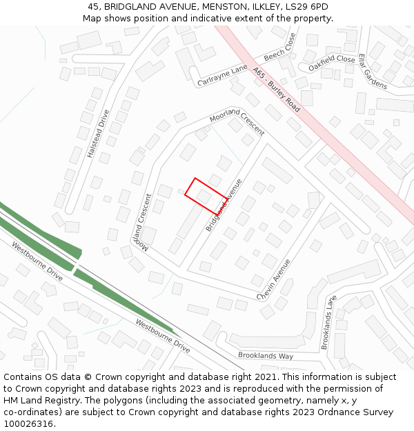 45, BRIDGLAND AVENUE, MENSTON, ILKLEY, LS29 6PD: Location map and indicative extent of plot