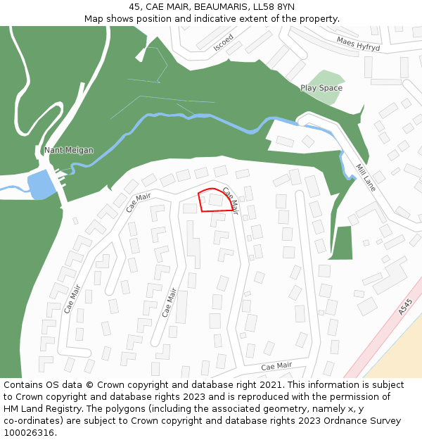 45, CAE MAIR, BEAUMARIS, LL58 8YN: Location map and indicative extent of plot