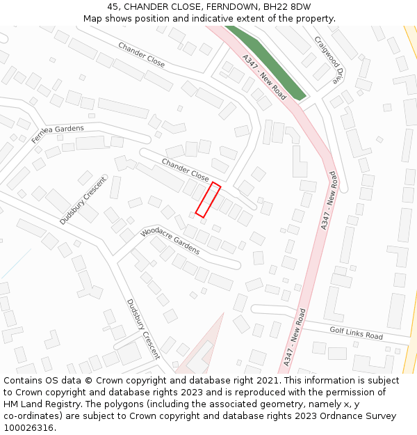 45, CHANDER CLOSE, FERNDOWN, BH22 8DW: Location map and indicative extent of plot