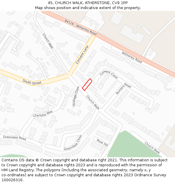 45, CHURCH WALK, ATHERSTONE, CV9 1PP: Location map and indicative extent of plot