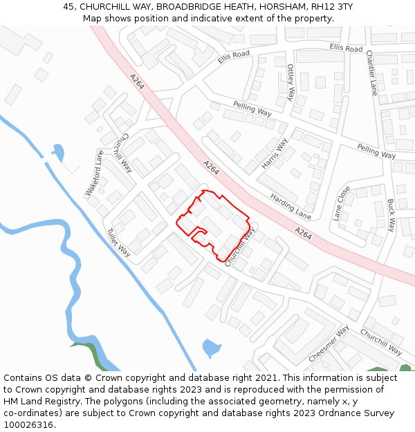 45, CHURCHILL WAY, BROADBRIDGE HEATH, HORSHAM, RH12 3TY: Location map and indicative extent of plot