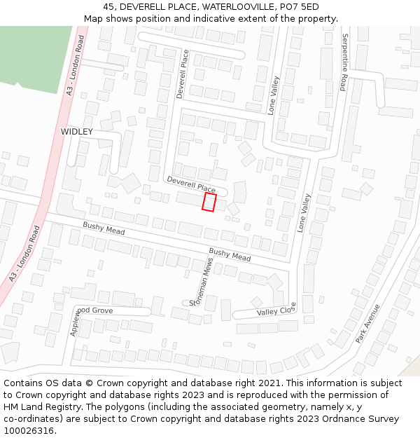 45, DEVERELL PLACE, WATERLOOVILLE, PO7 5ED: Location map and indicative extent of plot