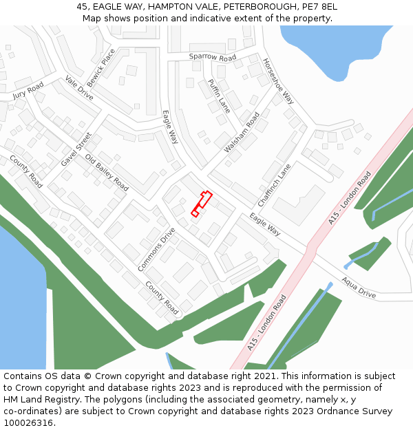 45, EAGLE WAY, HAMPTON VALE, PETERBOROUGH, PE7 8EL: Location map and indicative extent of plot