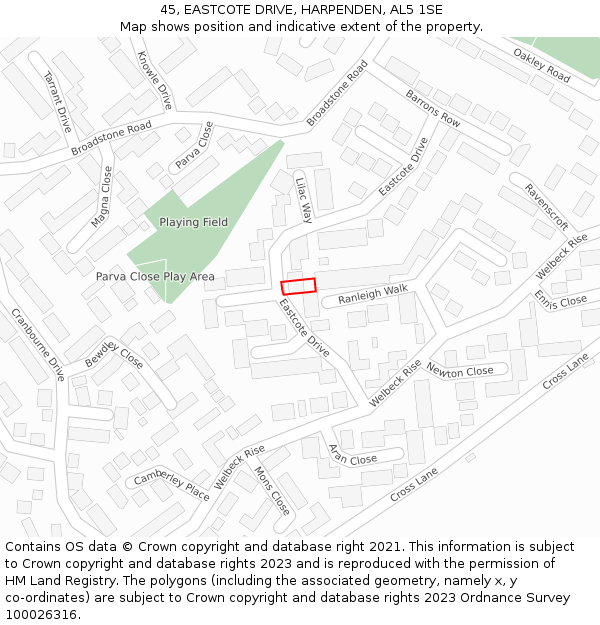 45, EASTCOTE DRIVE, HARPENDEN, AL5 1SE: Location map and indicative extent of plot