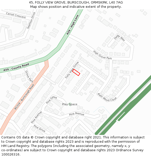 45, FOLLY VIEW GROVE, BURSCOUGH, ORMSKIRK, L40 7AG: Location map and indicative extent of plot