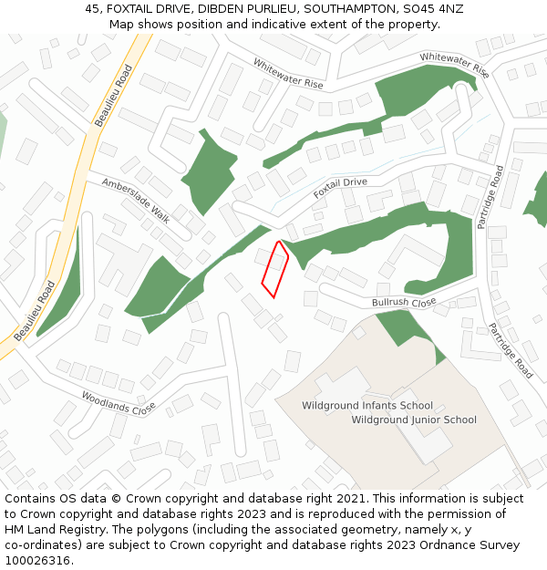 45, FOXTAIL DRIVE, DIBDEN PURLIEU, SOUTHAMPTON, SO45 4NZ: Location map and indicative extent of plot