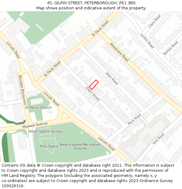 45, GILPIN STREET, PETERBOROUGH, PE1 3BS: Location map and indicative extent of plot