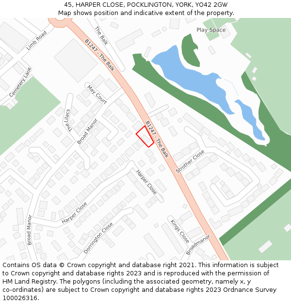 45, HARPER CLOSE, POCKLINGTON, YORK, YO42 2GW: Location map and indicative extent of plot