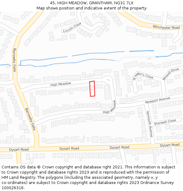 45, HIGH MEADOW, GRANTHAM, NG31 7LX: Location map and indicative extent of plot