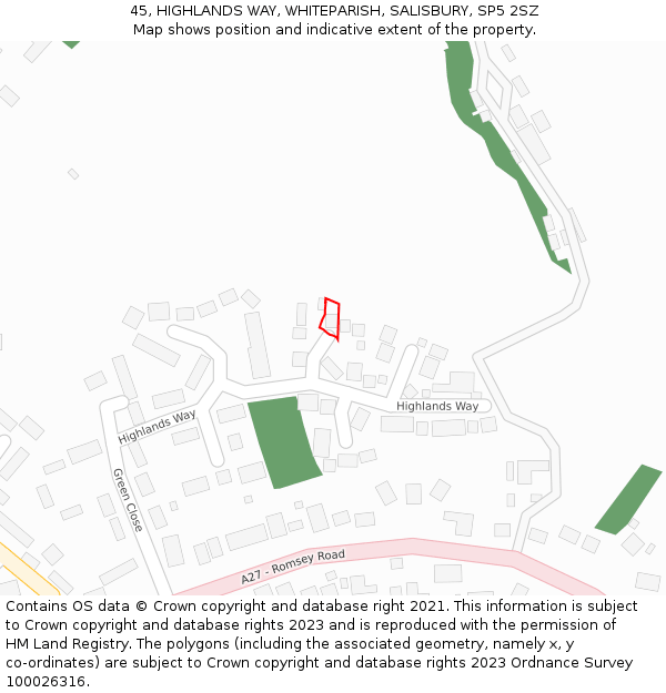 45, HIGHLANDS WAY, WHITEPARISH, SALISBURY, SP5 2SZ: Location map and indicative extent of plot