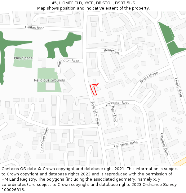 45, HOMEFIELD, YATE, BRISTOL, BS37 5US: Location map and indicative extent of plot