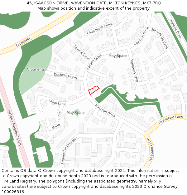 45, ISAACSON DRIVE, WAVENDON GATE, MILTON KEYNES, MK7 7RQ: Location map and indicative extent of plot