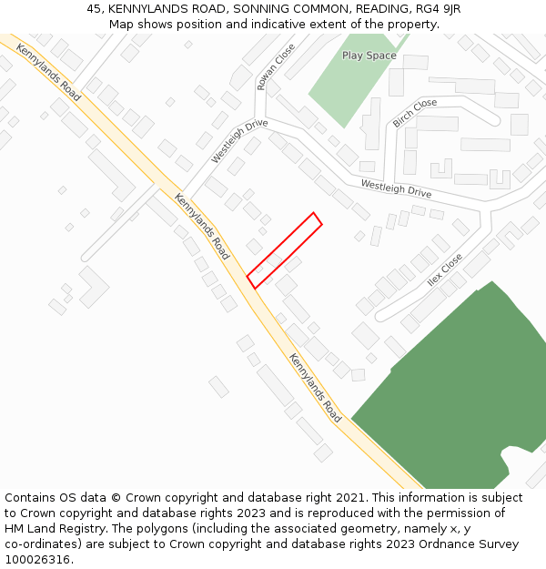 45, KENNYLANDS ROAD, SONNING COMMON, READING, RG4 9JR: Location map and indicative extent of plot