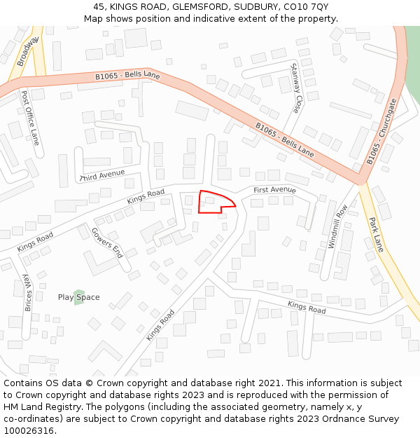 45, KINGS ROAD, GLEMSFORD, SUDBURY, CO10 7QY: Location map and indicative extent of plot