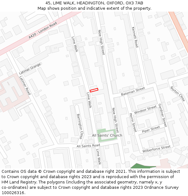 45, LIME WALK, HEADINGTON, OXFORD, OX3 7AB: Location map and indicative extent of plot