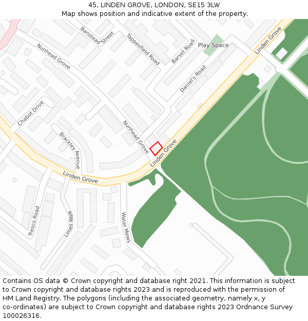 45, LINDEN GROVE, LONDON, SE15 3LW: Location map and indicative extent of plot